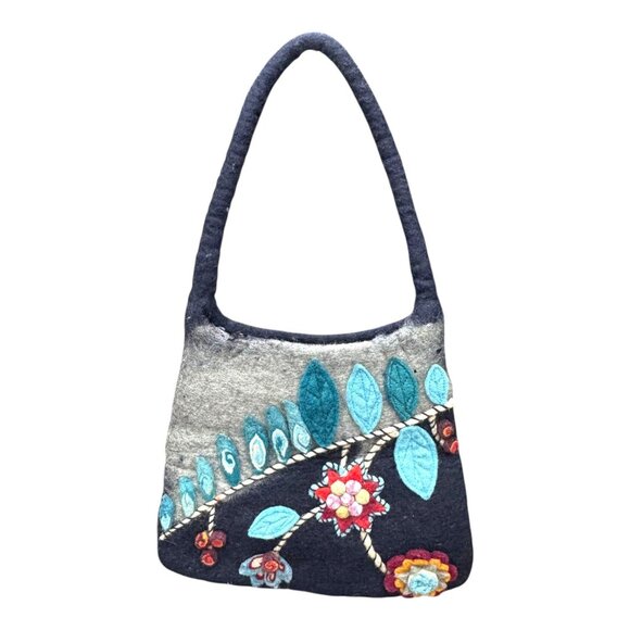 Nepal Handmade Felted Wool Tote Shoulder Bag Brown Gray Blue Flower Floral Purse - Picture 2 of 11